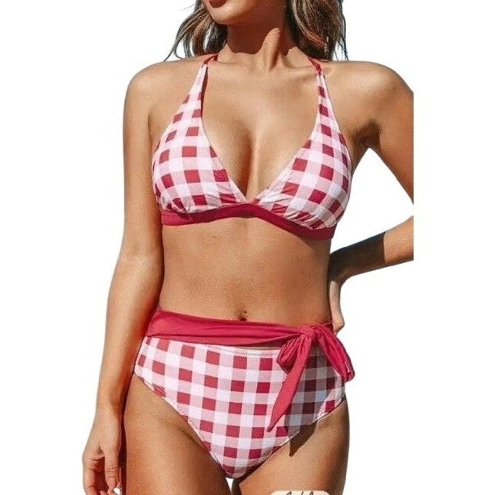 NWOT Cupshe Averie Red Gingham Triangle Belted Bikini Sz XL High Waist Halter